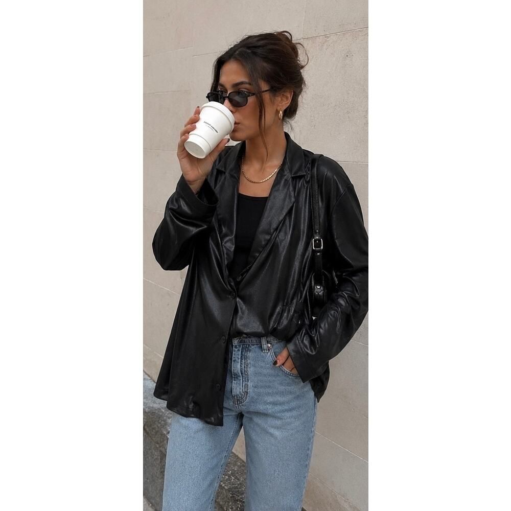 KORAL Black Shimmer Satin Blazer Jacket Relaxed Minimalist small